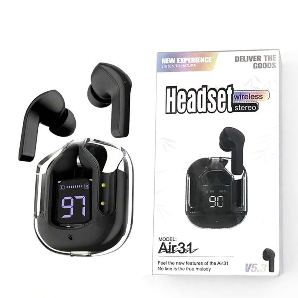 Air 31 TWS Original With Big Packing Transparent Earbuds Bluetooth 5.3V Black