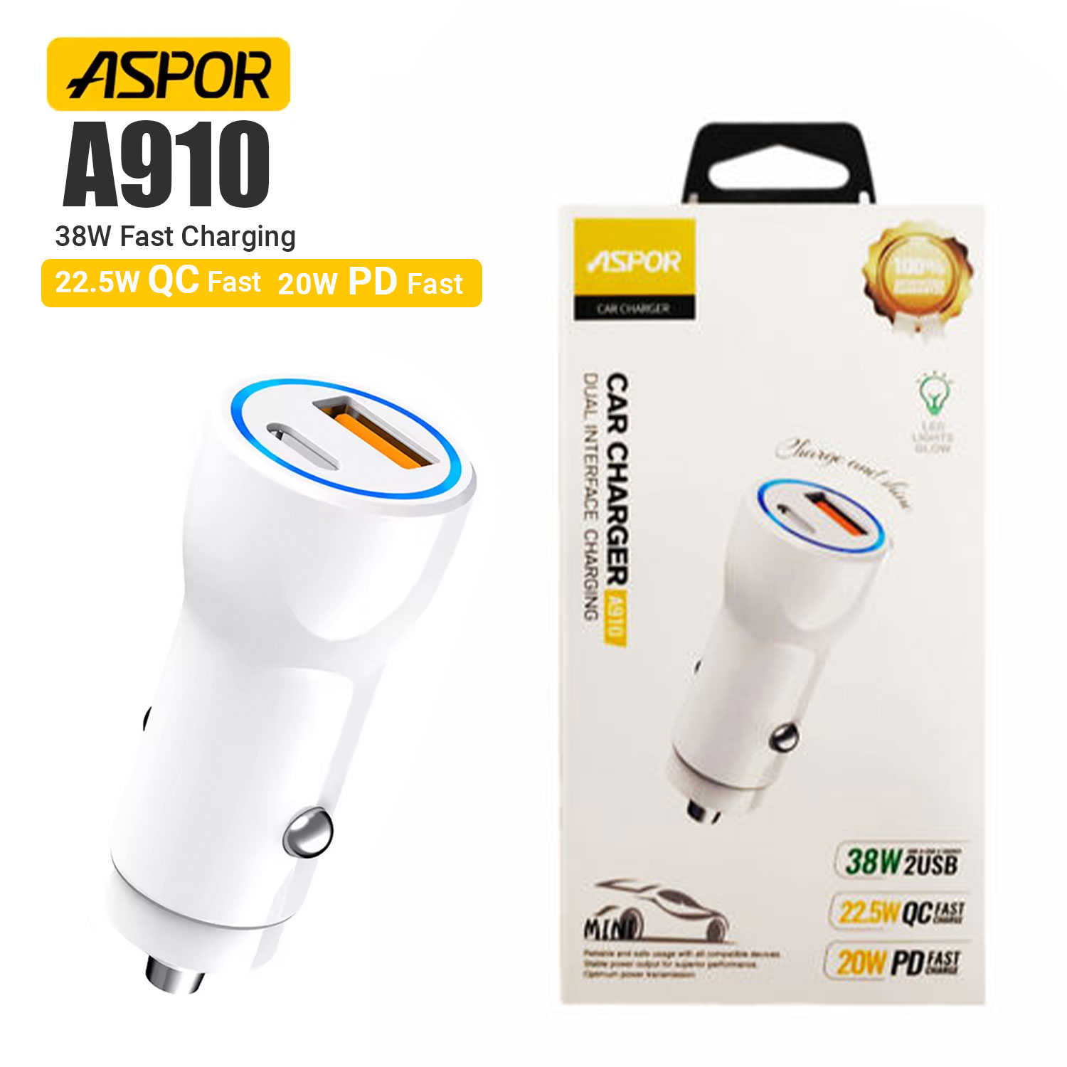 Aspor A910 Fast Car Charger Qc 3.0 Dual Aluminum Metal 38w Pd Portable - Image 1