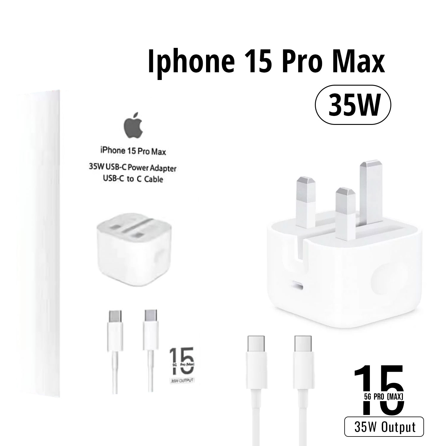 Iphone 15 Pro Max 3 Pin (uk Pin) 35w Usb-c Power Adapter With Usb-c To C Cable - Image 1