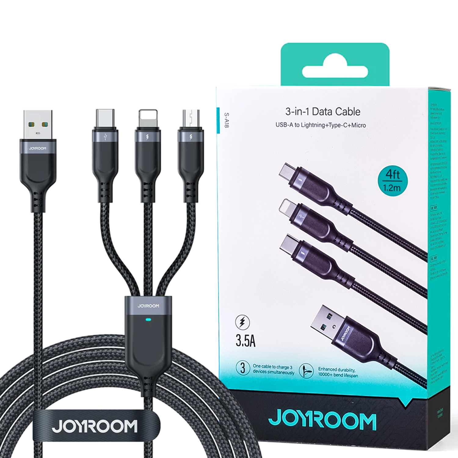 Joyroom S-1t3018a18 Multi-use 3.5a Usb-a To Lightning+type-c+micro 3-in-1 Data Cable1 2m-black - Image 1
