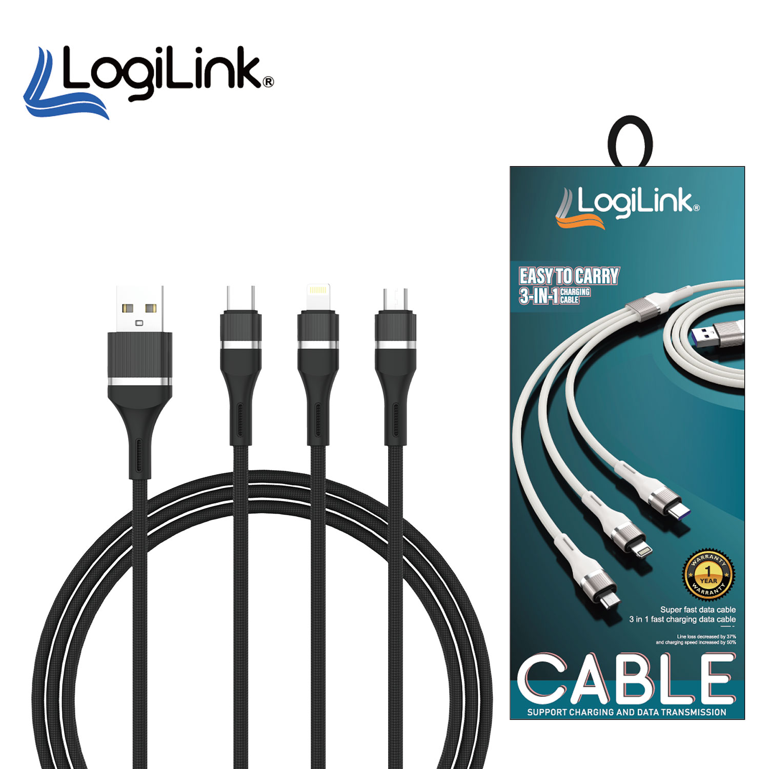 Logilink 3in1 Usb To Micro/type C/iphone Nylon Data Cable 6a Fast Charging 1m 1 Year Warranty Black - Image 1