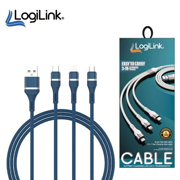 Logilink 3in1 Usb To Micro/type C/iphone Nylon Data Cable 6a Fast Charging 1m 1 Year Warranty Blue
