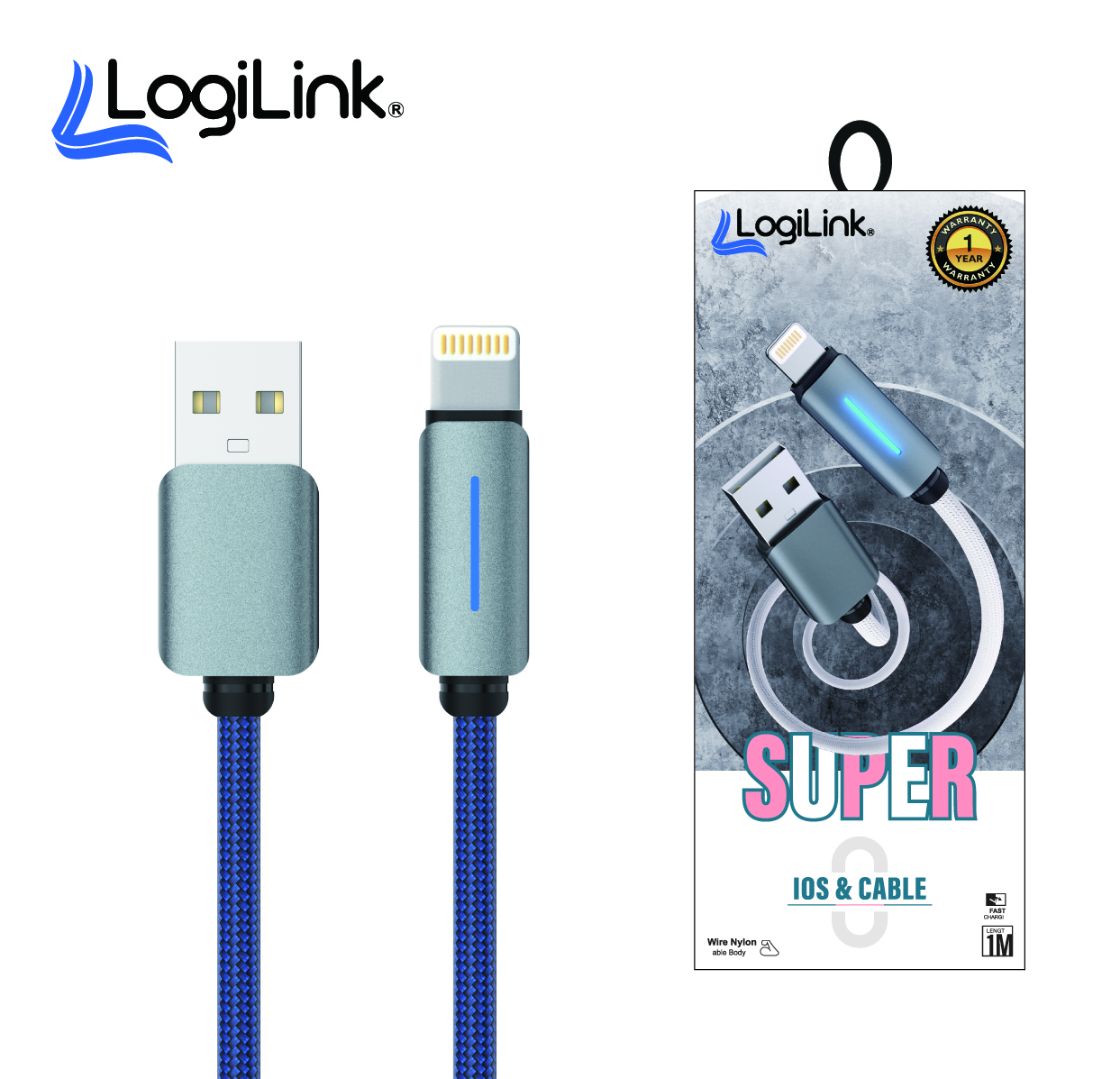 Logilink Usb To Lightning Nylon Fast Charging Data Cable With Light 1m (1 Year Warranty) Blue - Image 1