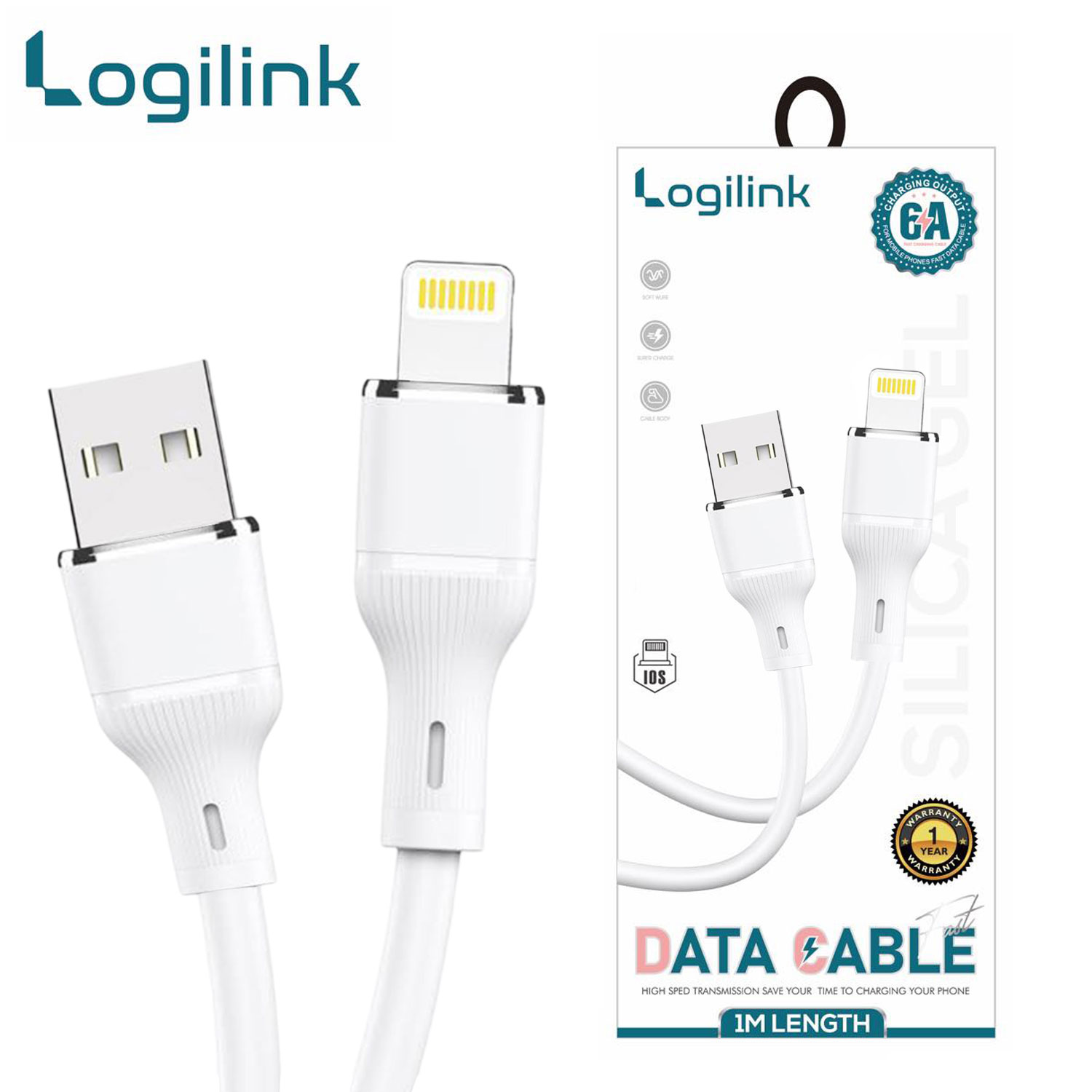 Logilink Usb To Lightning Silicone Fast Charging Data Cable 1m (1 Year Warranty) White - Image 1