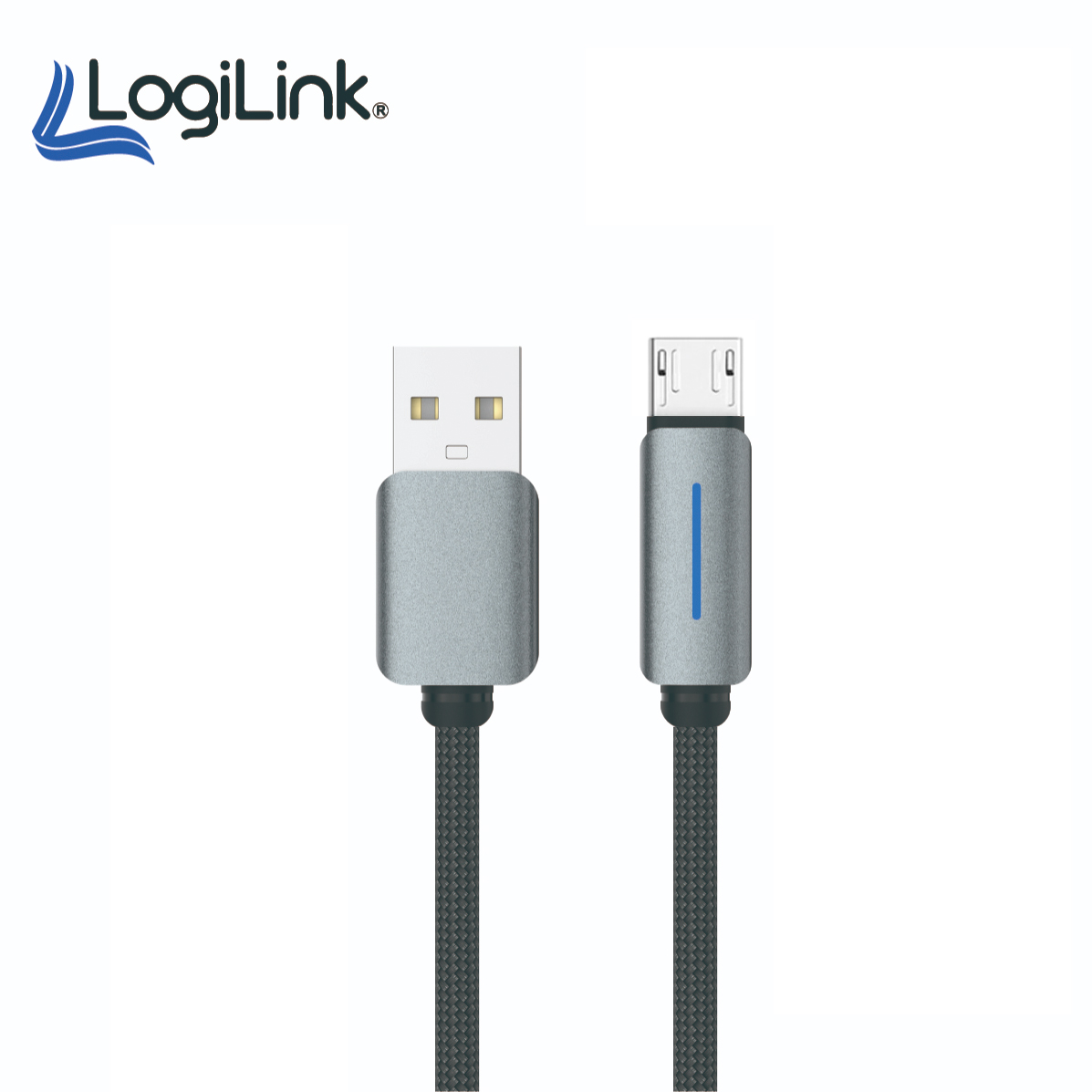 Logilink Usb To Micro Nylon Fast Charging Data Cable With Light 1m (1 Year Warranty) Grey - Image 1