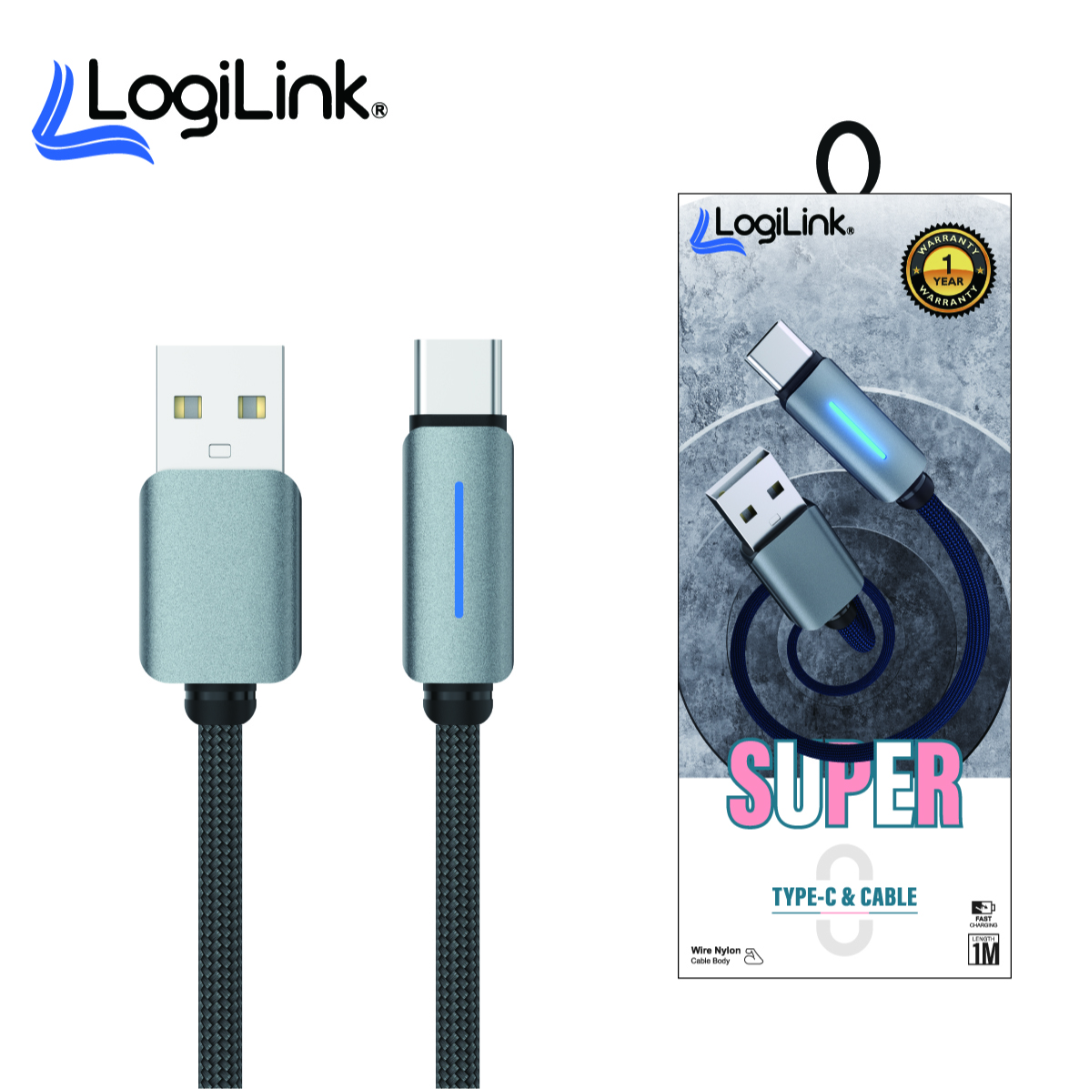 Logilink Usb To Type C Nylon Fast Charging Data Cable With Light 1m (1 Year Warranty) Grey - Image 1