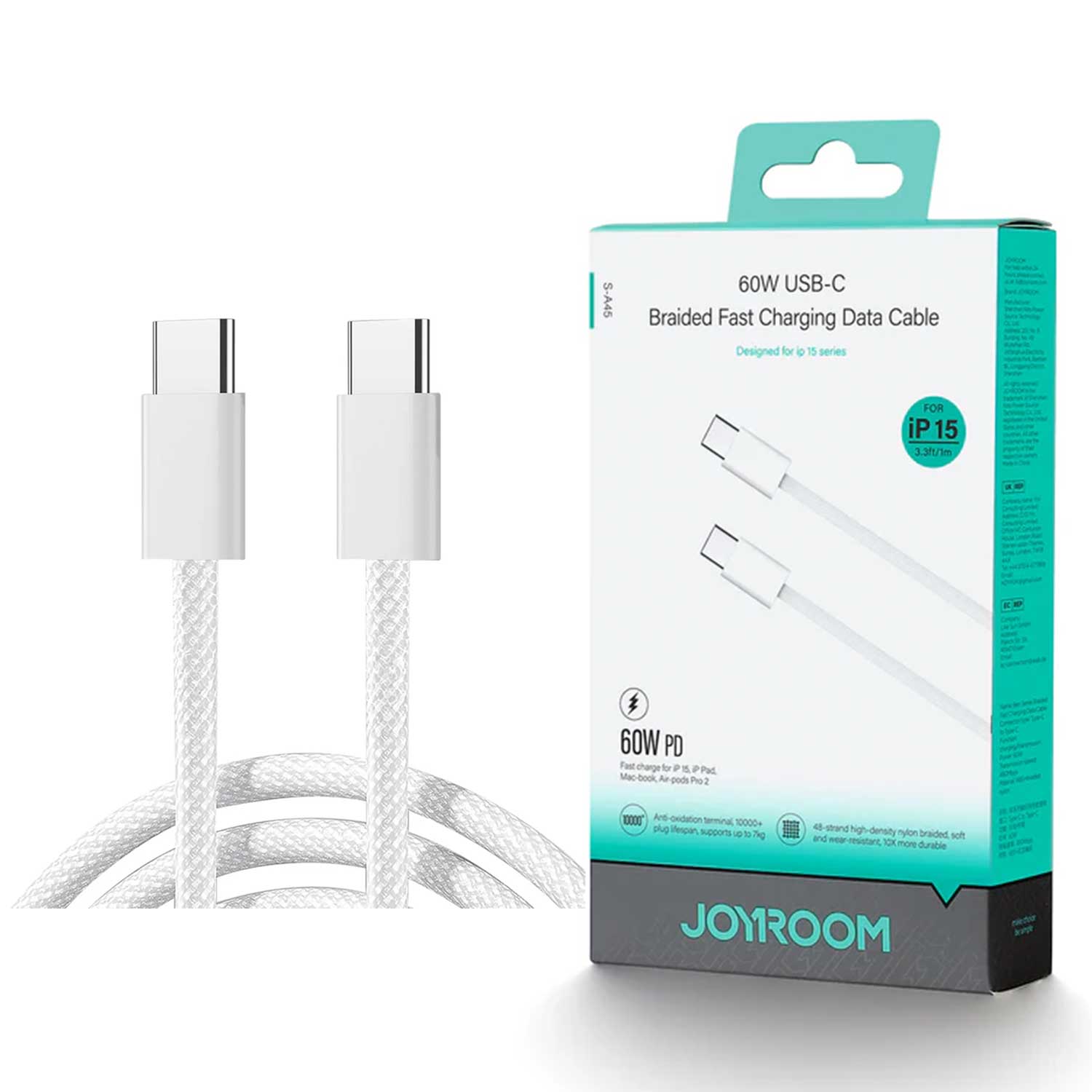 S-a45 Ben Series Braided 60w Fast Charging Data Cable (type-c To Type-c) 1m-white - Image 1